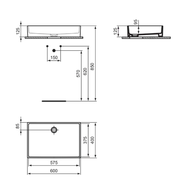 T374001 Ideal Standard Extra Раковина 60х40хh12.5см., накладная, без отв., без перелива, с крепежом, цвет: белый глянец