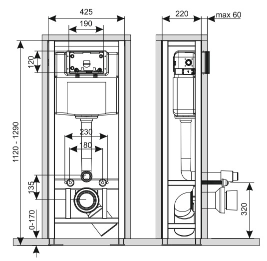 KK-POL 350/ZPW/428-00-00(ZSP/M428/0.1/K) Professional Инсталляция усиленная для подвесного унитаза четырёхопорная,  свободностоящая,  1120*425*220 мм