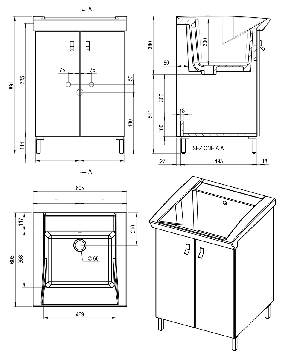 Хозяйственная раковина 60х60 с тумбой GEROMIN Indoor Bijoux PC66BIJOUX1
