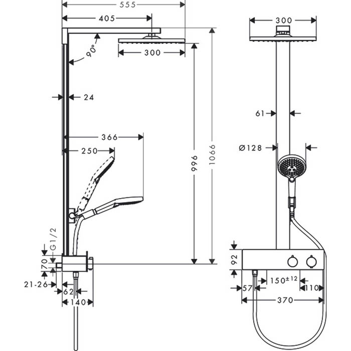 Hansgrohe Showerpipe Rindance E Душевая стойка, с термостатическим смесителем, верхним душем 30x30см, хром 27362000