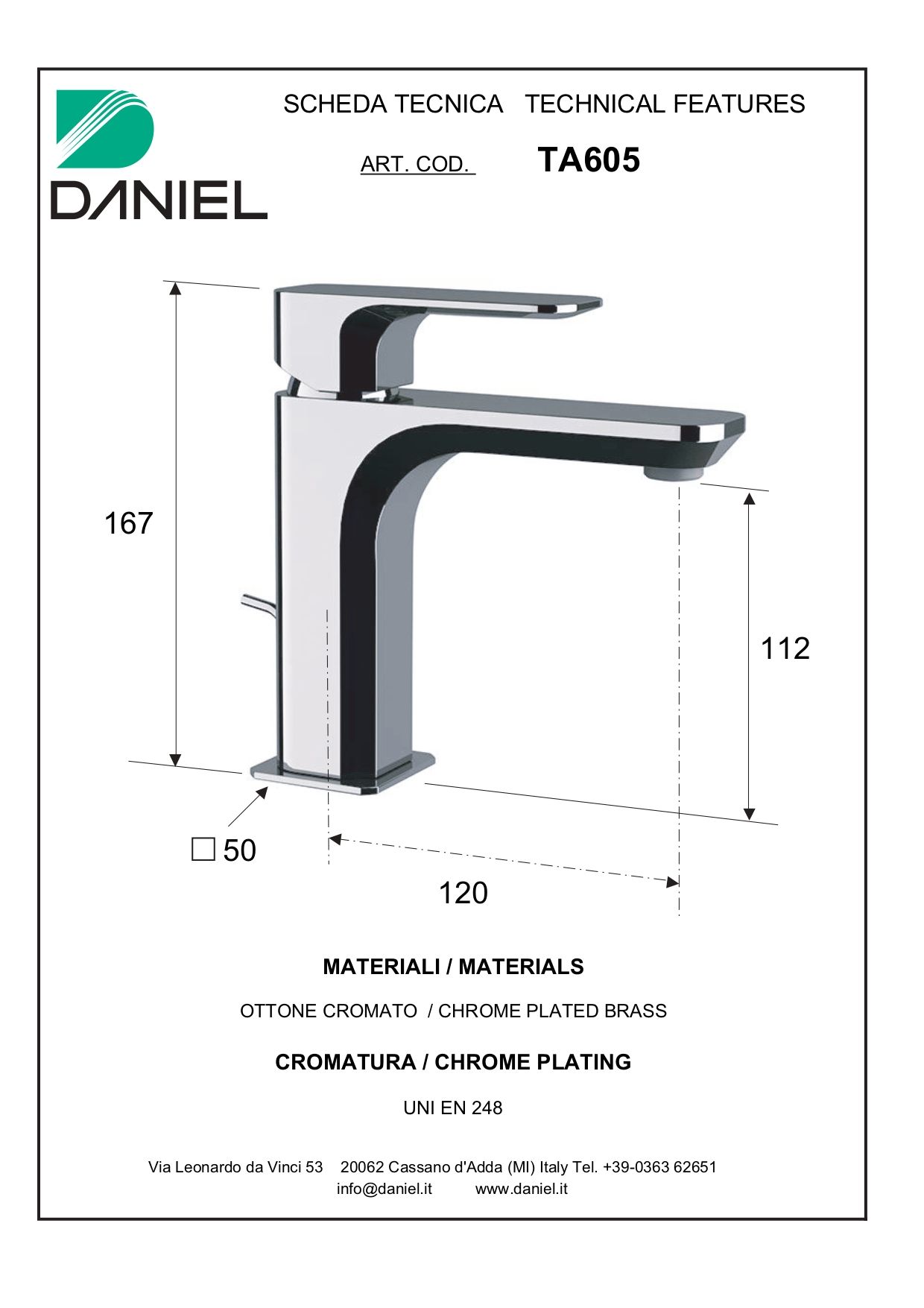 Daniel Tiara, однорычажный смеситель для раковины, с донным клапаном, цвет хром TA605-CR