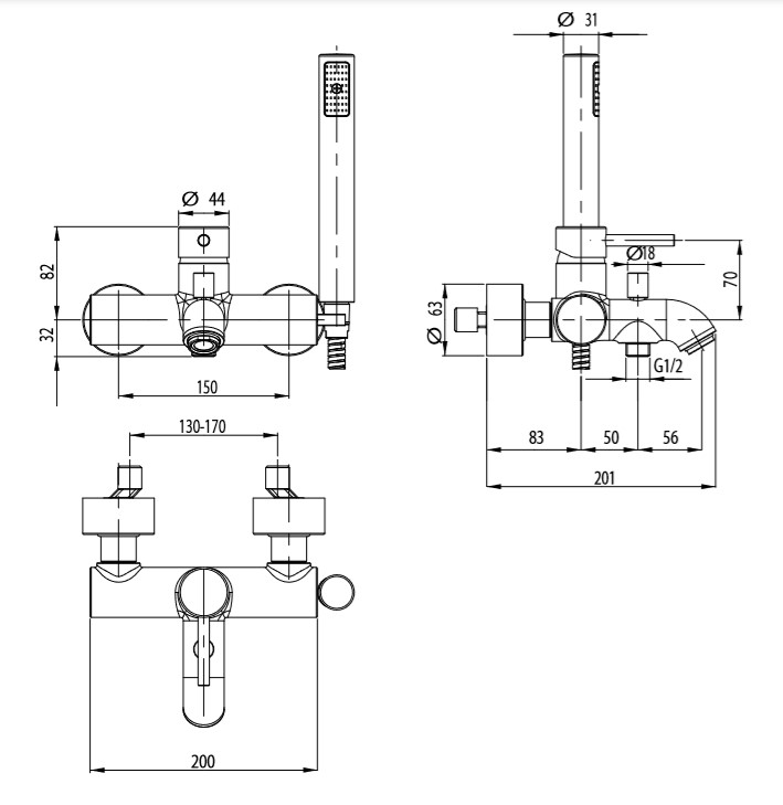 M&Z DRB00500 Ditirambo Смеситель для ванны, (лейка ABS), ХРОМ